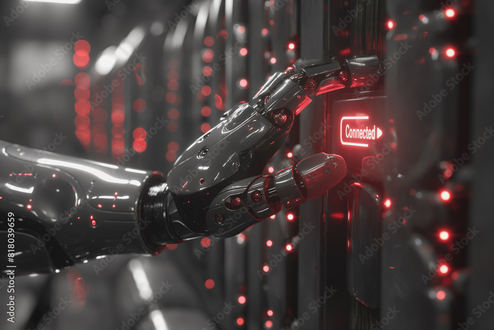 Aufkleber a robot is pressing a red button that says connected