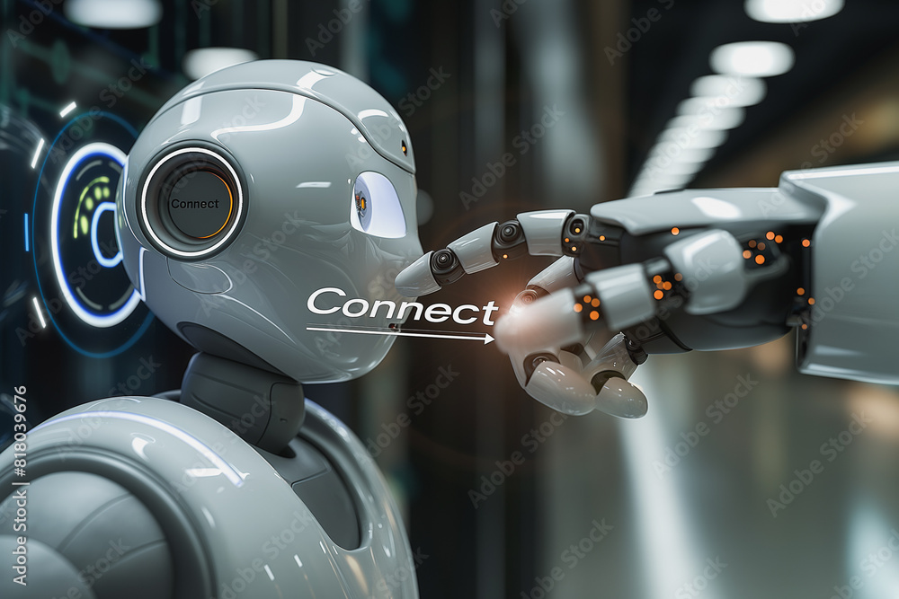 Poster a robot is touching a face with the word connect on it