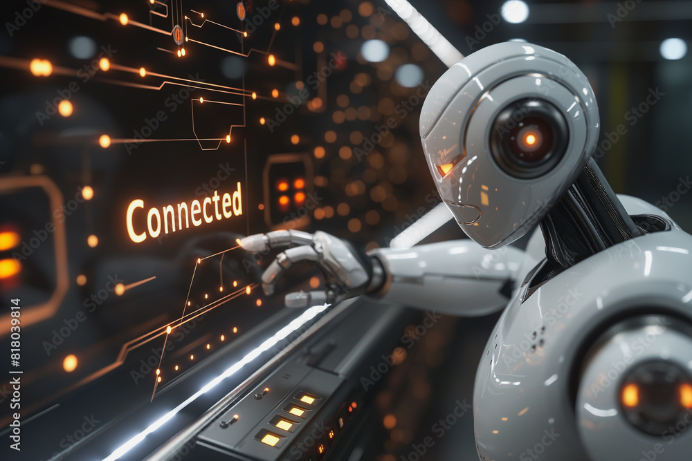 Poster a robot is touching a screen that says 