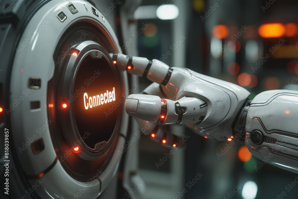 Poster a robot is pressing a button that says 