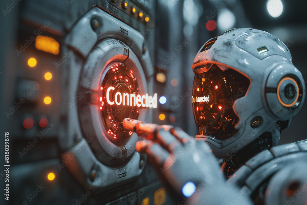 Poster a robot is touching a button that says 