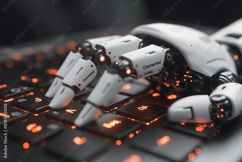 Poster a robot hand is on a keyboard