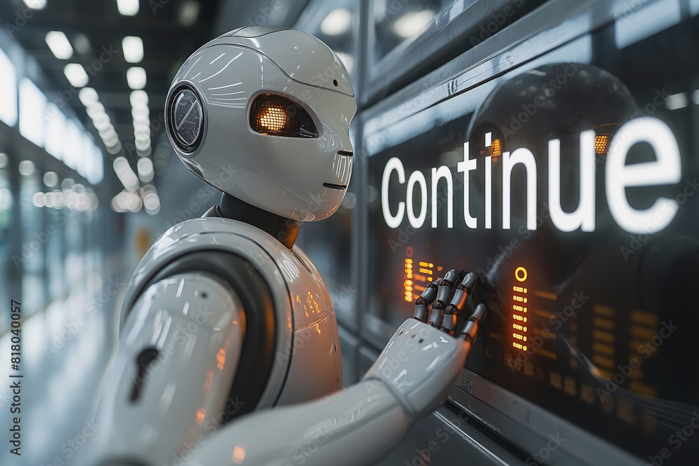 Poster a robot is pressing a button that says 