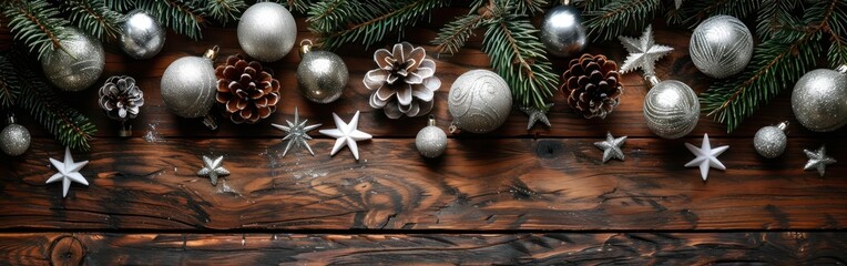 Christmas Advent Greeting Card on Rustic Pine Table with Baubles, Stars and White Branches - Holiday Background Frame Texture, Top View