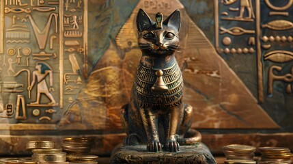 Ancient Egyptian Lucky Cat, right front leg up, surrounded by golden hieroglyphic coins, pyramids in the background, mystical and detailed. 3D. Realistic. Illustrate. Generate AI. Printing.