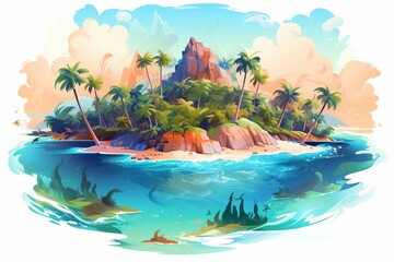 tropical island flat design top view paradise theme water color vivid