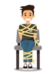 Vector Illustration of a Kidnapped Boy Tied Up on a Chair - Cartoon Character Depicting Crime, Captivity, and Danger