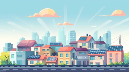 Obraz premium urban solar installation flat design front view city rooftops theme cartoon drawing colored pastel