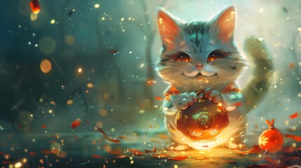 Traditional Japanese Lucky Cat, right front leg up, sitting on a pile of ancient coins, detailed kimono patterns, serene background. 3D. Realistic. Printing. Illustrate. Generate AI.