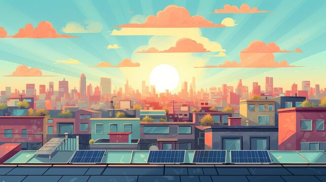 urban solar installation flat design front view city rooftops theme cartoon drawing colored pastel