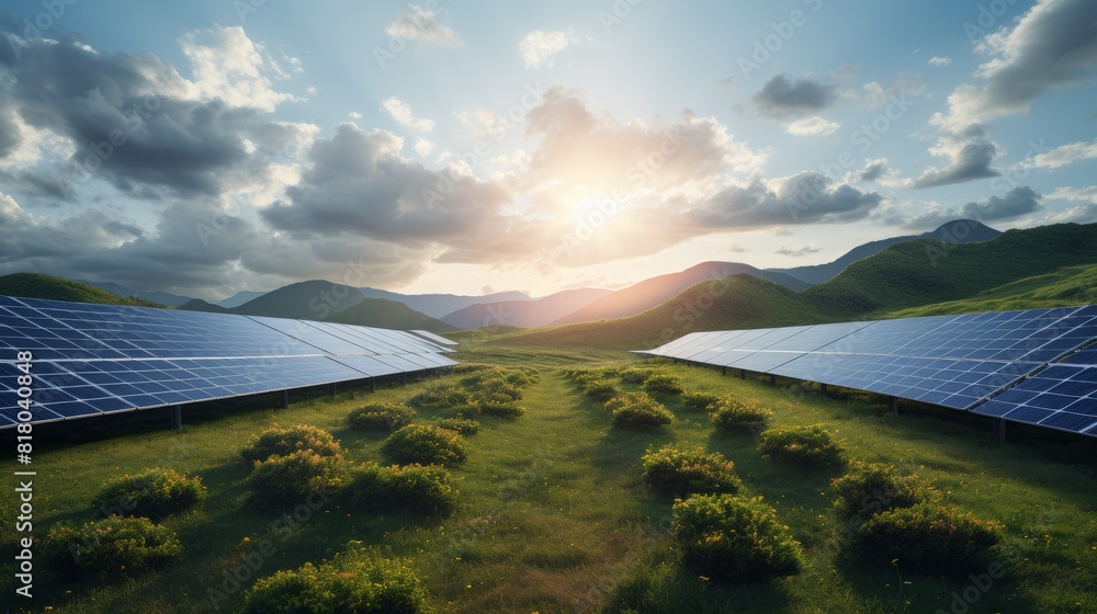 Poster a hopeful image of a solar panel farm stretching across a landscape, representing the transition tow