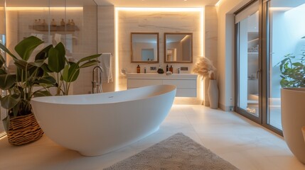 Modern luxurious bathroom interior with freestanding bathtub, plants, and ambient lighting
