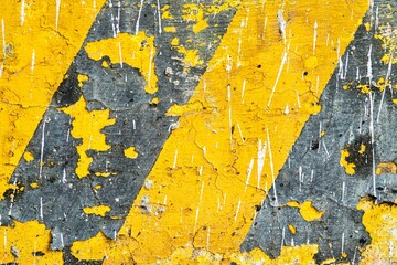 The image is a close up of a yellow and gray striped wall with white paint peeling off. The wall...