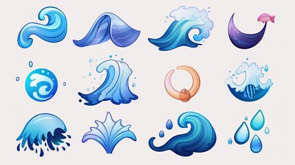 Obraz premium Various waterrelated icons including waves and droplets