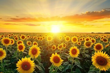 Fototapeta premium Vast field of blooming sunflowers at sunset