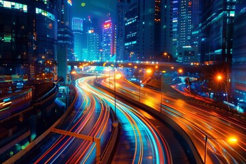Fototapeta na wymiar Vibrant, futuristic cityscape at night with a focus on transportation