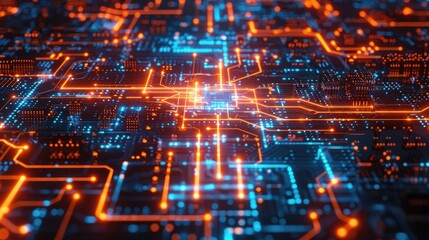 An abstract image of a circuit board with glowing orange and blue lines.