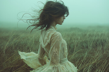 Obraz premium A woman in a white dress is walking through a field of tall grass. Lonely Sadness, Chasing love, the feelings dream of to fill the void of loneliness.