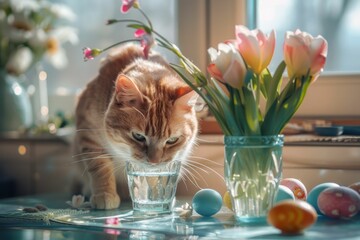 Adorable orange tabby cat drinking from glass of water next to Easter eggs and tulips in cozy spring setting