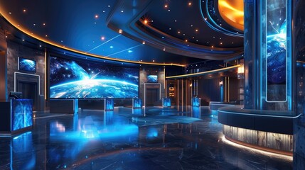 A futuristic hotel lobby with a large curved ceiling and a starry night sky depicted on the walls.