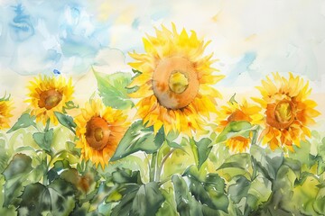 Watercolor painting of sunflowers under a bright sky
