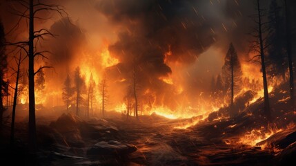 A powerful image of a raging wildfire engulfing a forest, capturing the destructive force of...