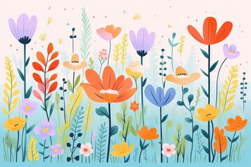 Fototapeta na wymiar wildflower meadow flat design front view spring theme water color vivid