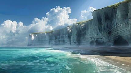 A chalk cliff with a hole in it, and a beach below.  