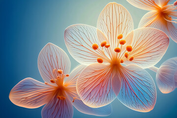 Translucent flowers with delicate petals and intricate vein patterns, warm orange hues contrasting against cooler blue tones.
