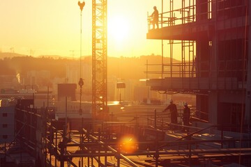 Workers overseeing a bustling construction site at sunrise