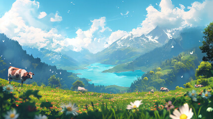 Fototapeta premium A cartoon-style farm with a blue sky and white clouds, some cows and sheep grazing on the green lawn, surrounded by lakes and forests, under the bright sunshine, with vibrant colors.