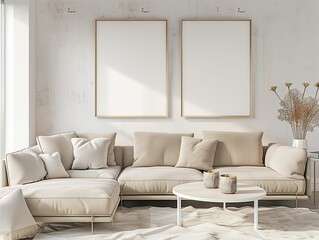 Modern Minimalist Living Room with Neutral Tones and Comfortable Sofa
