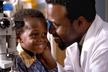 Young child receiving an eye exam from a healthcare provider