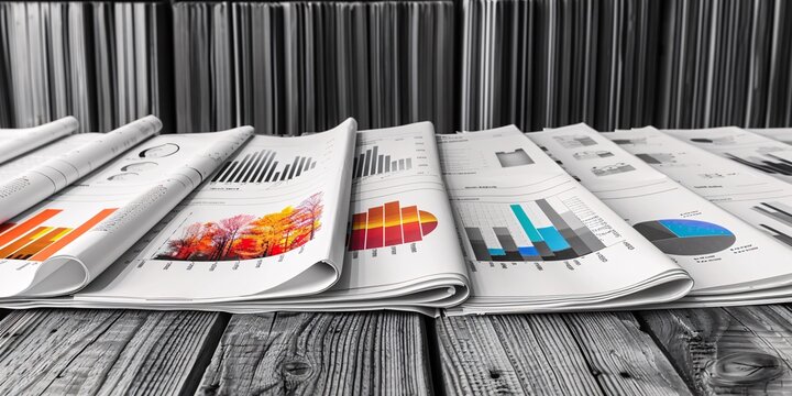 A collection of newspapers laid out with graphs and charts displayed on their pages, illustrating various statistical data