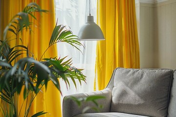 Modern Interior Design with Heather Gray Armchair, Lemon Yellow Curtains, and Houseplant