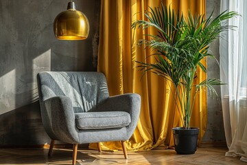 Modern Interior Design with Heather Gray Armchair, Lemon Yellow Curtains, and Houseplant