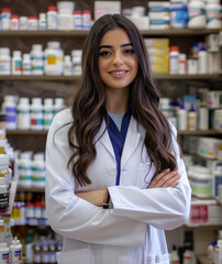A beautiful young woman with long dark brown hair stands in front of shelves filled to the brim with various medical supplies, wearing a white lab coat.