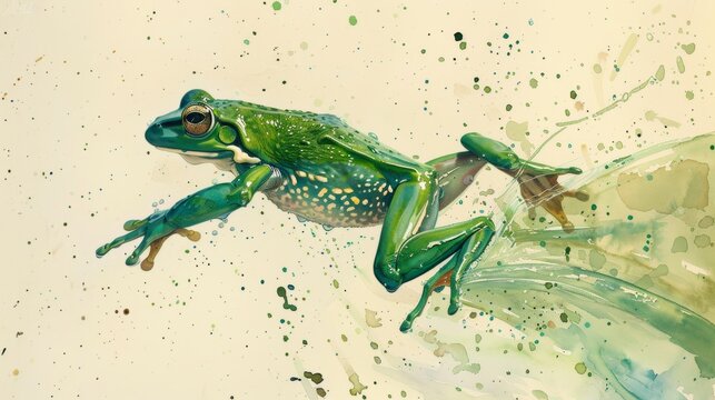 A watercolor painting of an emerald glass frog leaping through the air, droplets of water glistening on its skin as it catches a flying insect.