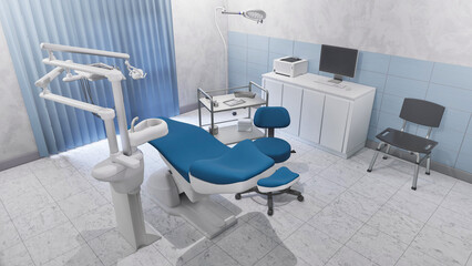 Empty interior of bright dentist clinic with dental unit - comfortable chair and medical tools. Dentistry operating surgery with modern equipment. With no people 3D illustration from my own 3D render.