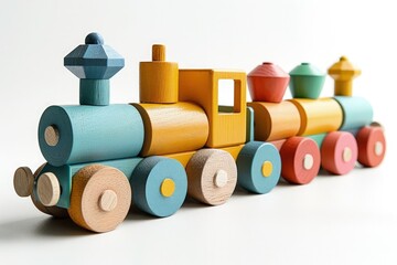 Colorful wooden toy train with blocks white background

