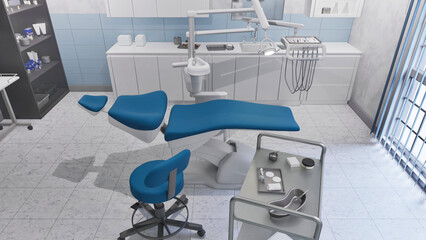 Empty dentist workplace - dental unit, chair and tools in bright clean interior of medical clinic office. Dentistry surgery room with modern equipment. With no people 3D illustration from my 3D render
