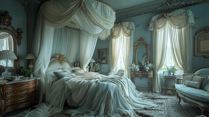 A romantic vintage bedroom with a canopy bed draped in sheer fabrics, a vintage vanity with a...