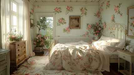 A charming, cottage-style bedroom from the 1930s with a white, iron bed frame and soft, pastel colors