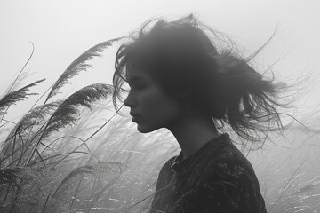 Fototapeta premium A woman with long hair is standing in a field of tall grass. LOVE Romantic Silhouette Couple Lonely Sadness of time. Chasing love, and the feelings dream of to fill the void of loneliness.