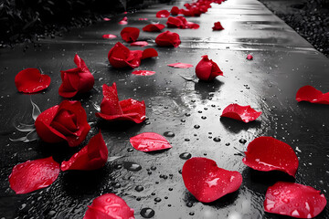 Against the backdrop of a monochrome walkway, the crimson hues of scattered rose petals form a mesmerizing tapestry, each petal a testament to the fleeting beauty of nature