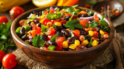 Southwestern salad with black beans corn tomatoes onions cilantro in wooden bowl