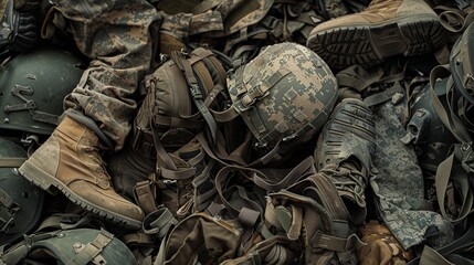 Close-up shot of a heap of soldiers' gear, helmets, boots, and camouflage clothing, mixed textures and colors, intricate details