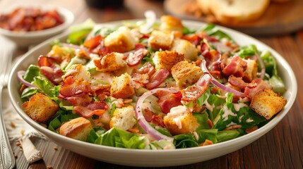 Fresh bacon ranch salad with lettuce tomatoes red onion croutons bacon bits tossed in creamy ranch dressing topped with crispy bacon strips