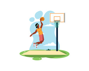 Female basketball player dunks the ball while jumping high. sport and recreation concept. Healthy lifestyle illustration in flatstyle design