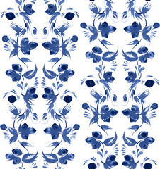 Floral damask seamless pattern from blue hand drawn hazelnut twigs, leaves and indigo nuts on a white background